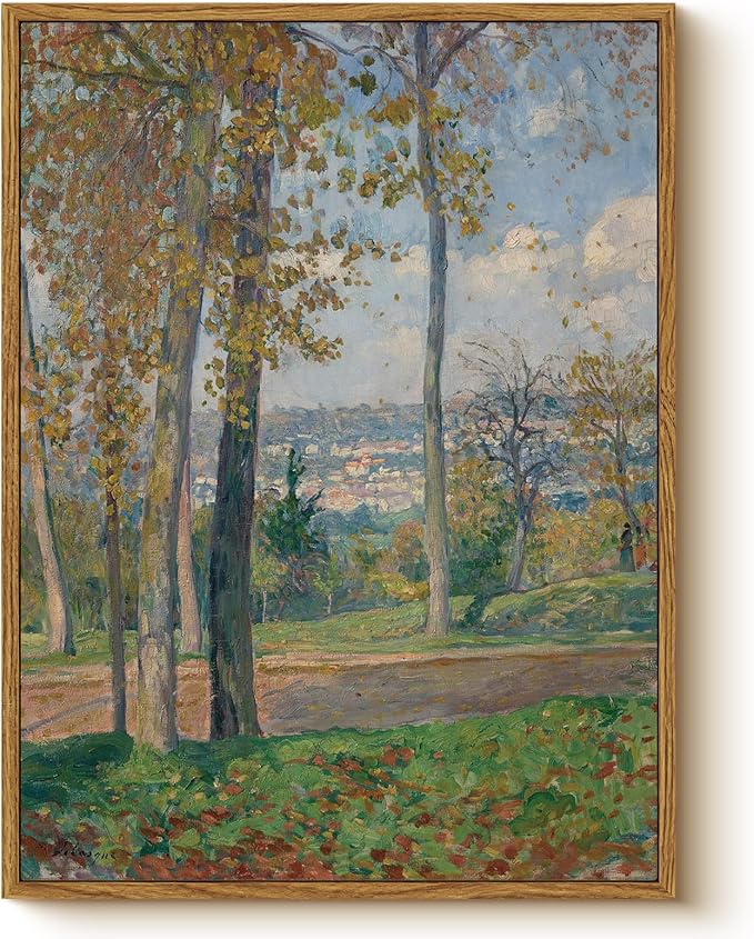 Vintage Framed Wall Art 12x16 Inch Landscape Canvas Painting, Classic Impressionist Road Trees Nature Scenery Artwork, Retro Rustic Living Room Bedroom Aesthetic Home Office Decor