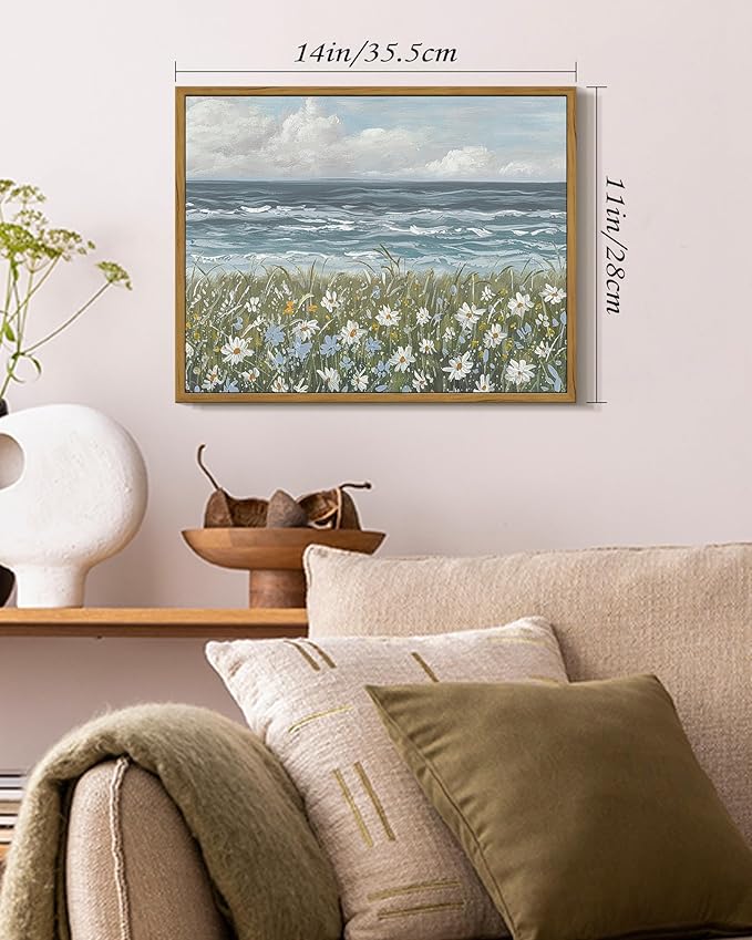 SHENIFY Vintage Landscape Framed Wall Art Sea Coastal Wildflower Field Scenery Farmhouse Decor Retro Painting for Living Room Bedroom Ready to Hang Wall Artwork - 11x14in Natural Framed