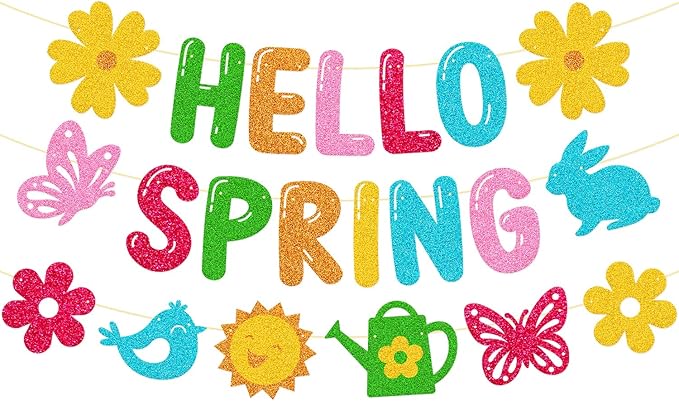 Hello Spring Banner, Glitter Spring Decoration for Home, Classroom, Easter Party & Porch - Floral Welcome Sign for Indoor Outdoor Door Wall Decor, Easter Seasonal Themed Photo Backdrop