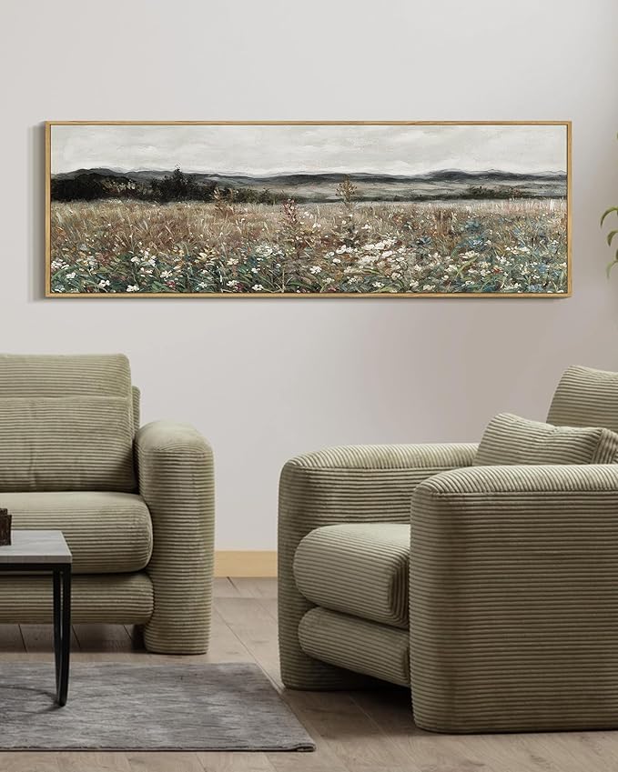 SHENIFY Vintage Landscape Framed Wall Art Meadow Flowers Farmhouse Decor Retro Classic Painting for Hallway Bedroom Living Room Dining Room - 12x36in Natural Framed