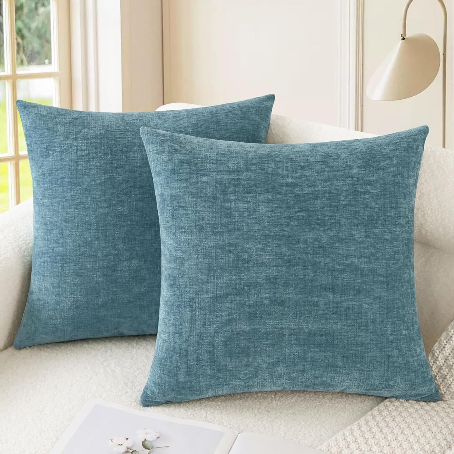 CaliTime Throw Pillow Covers Decorative 22 X 22 Inches Pack of 2 Cozy Chenille Cushion Cases for Couch Sofa Bed Living Room Home Smoke Blue