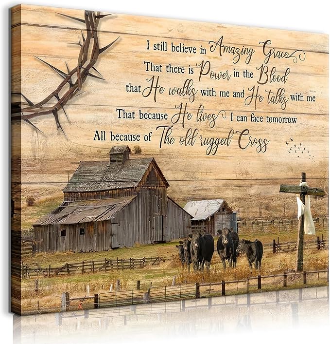 Vintage Farmhouse Wall Art Old Barn Wall Decor Cross Canvas Christian Inspirational Quotes Painting Pictures I Still Believe in Amazing Grace Poster Print for Living Room Bedroom (24x16in Canvas)