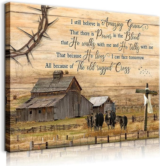 Vintage Farmhouse Wall Art Old Barn Wall Decor Cross Canvas Christian Inspirational Quotes Painting Pictures I Still Believe in Amazing Grace Poster Print for Living Room Bedroom (24x16in Canvas)