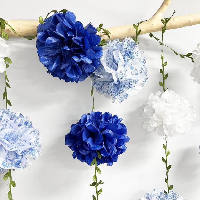 Blue and White Floral Royal Blue Tissue Flowers Pom Pom with Sage Green Leaf Ribbon Hanging Streamer Garland for Birthday Baby Shower Wedding Engagement Chinoiserie Theme Party Decorations Supplies