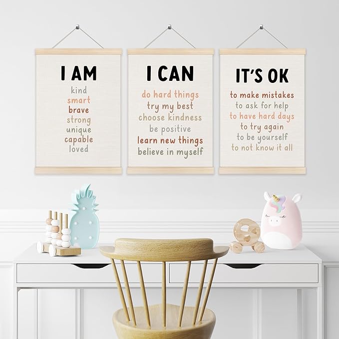 Koesus Inspirational Classroom Wall Art Poster Hanger Frame 12x16 Inch Set of 3, Motivational Canvas Pictures Prints Framed Wall Decor for Classroom Kids Room Playroom, Positive Affirmations for Kids