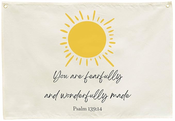 Rectangular Christian Bible Verse Scripture Canvas Banner Wall Decor Flag Sign for Baby Girl Kids,Nursery Bedroom Playroom Nursery Wall Decor,Baby Shower Baptism Christmas Gift-You Are Fearfully