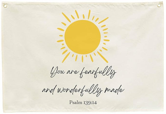 Rectangular Christian Bible Verse Scripture Canvas Banner Wall Decor Flag Sign for Baby Girl Kids,Nursery Bedroom Playroom Nursery Wall Decor,Baby Shower Baptism Christmas Gift-You Are Fearfully