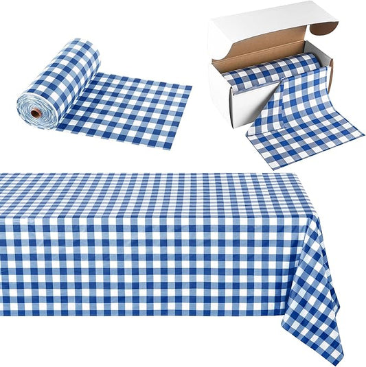 Kochorie 54 Inch x 300 Ft Blue Checkered Plastic Table Cloth Roll Disposable Waterproof Table Cover Plastic Table Cover Roll with Easy Slide Cutter for Outdoor Picnic/Home Dining/Spring Party