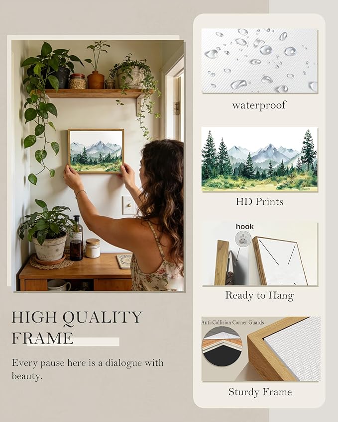 SHENIFY Green Pine Tree Forest Vintage Framed Wall Art Modern Landscape Scenery Farmhouse Artwork Prints Decor for Kitchen Living Room Bedroom Bathroom - 8x10in Natural Framed