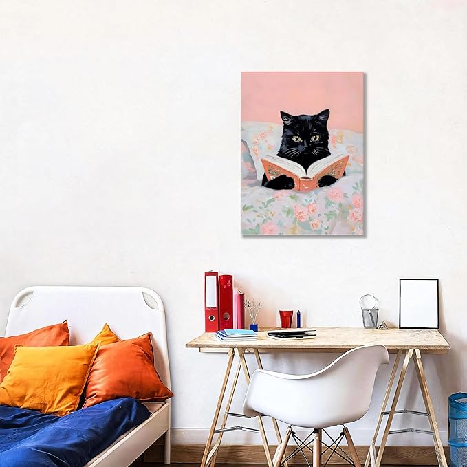 Framed Cats Canvas Wall Art, Funn Black Cat Reading Books Picture Wall Decor, Pink Vintage Animal Poster Prints for Girls Room Bedroom Kids Room Living Room Bathroom Decor 12x16 inch