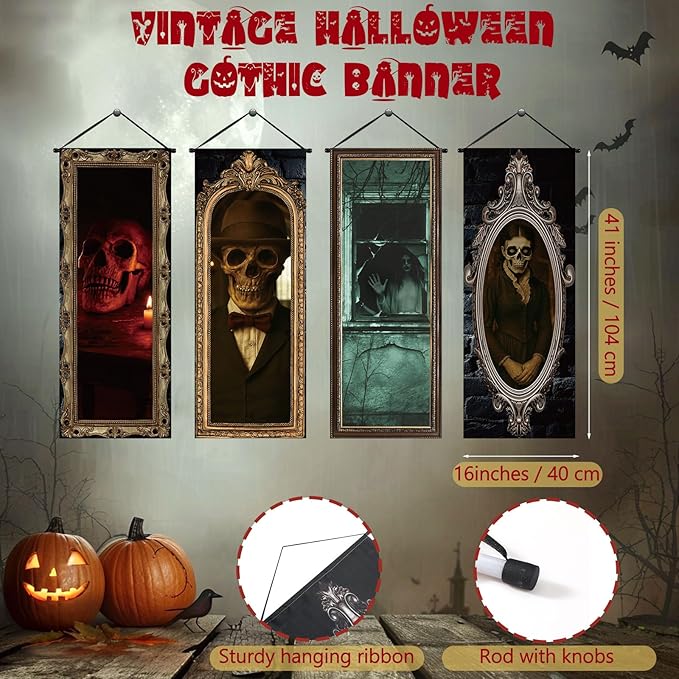 Tiamon 4 Pcs Vintage Christmas Halloween Carnival Porch Banners Retro Santa Clown Stretching Portraits Wall Decorations Gothic Porch Sign Backdrop for Xmas Indoor Outdoor Hanging Decor (Gothic)
