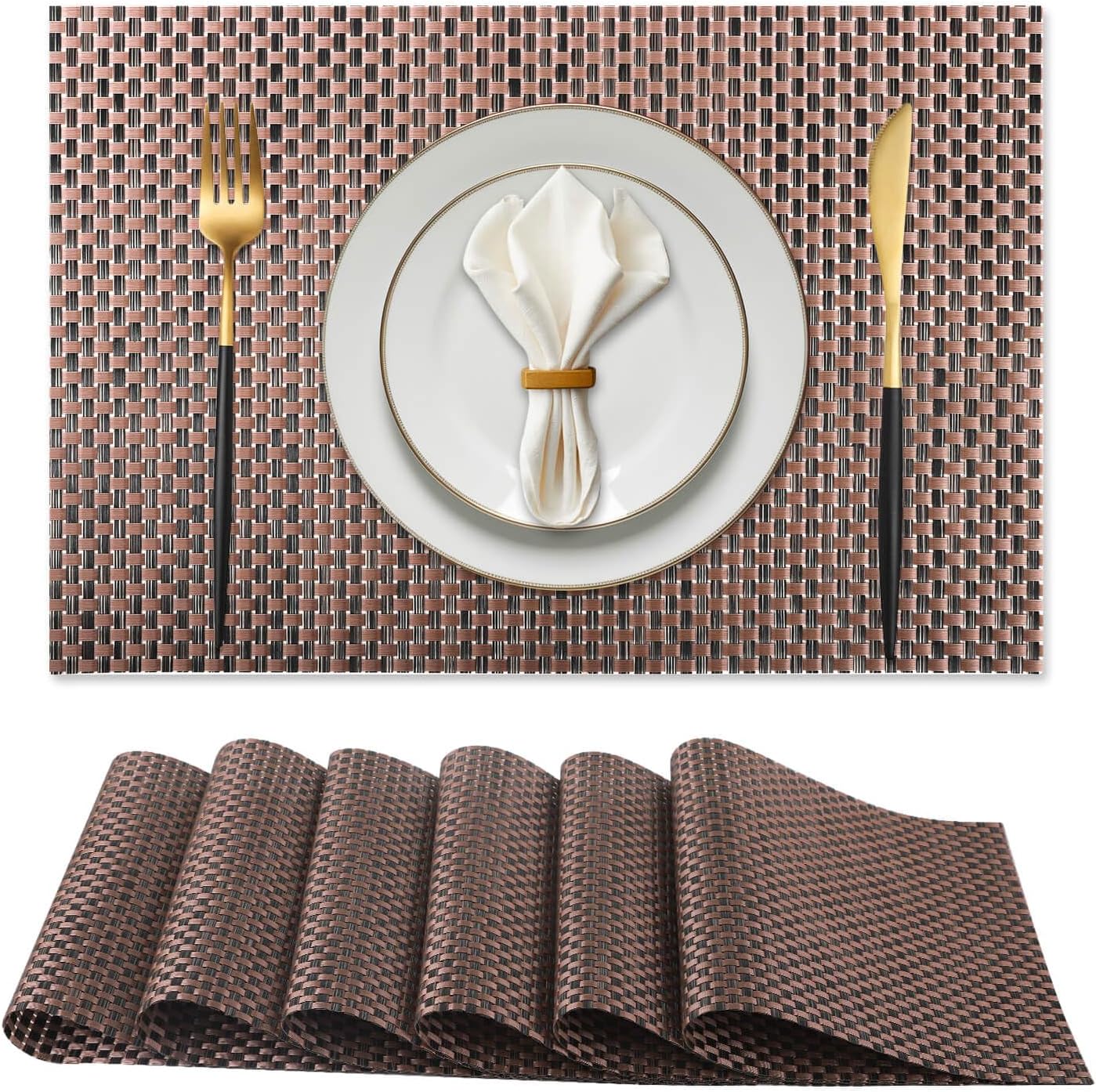 Vinyl Plastic Placemats Set of 6 Washable Heat Resistant Non-Slip Elegant Indoor Outdoor Kitchen Dining PVC Woven Table Place Mats (Black Red Weaving)