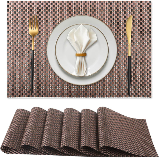Vinyl Plastic Placemats Set of 6 Washable Heat Resistant Non-Slip Elegant Indoor Outdoor Kitchen Dining PVC Woven Table Place Mats (Black Red Weaving)