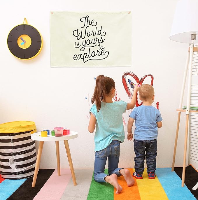 Baby Growth Stuff-Nursery Rectangular Canvas Banner Wall Decor for Nursery Playroom,Poster Flag Sign Wall Art for Baby Boy Girl,Baby Shower Birthday Christmas Gift-The World Is Yours to Explore