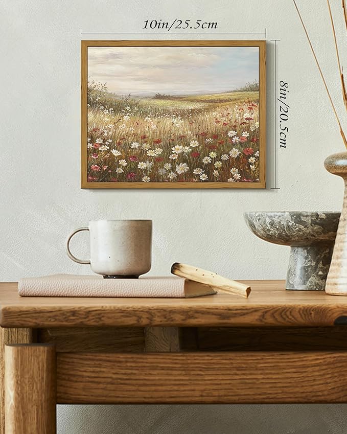 SHENIFY Vintage Framed Wall Art Meadow with Flowers Landscape Scenery Home Decor Retro Wildflower Field Decorations for Farmhouse Bedroom Ready to Hang Wall Artwork - 8x10in Natural Framed