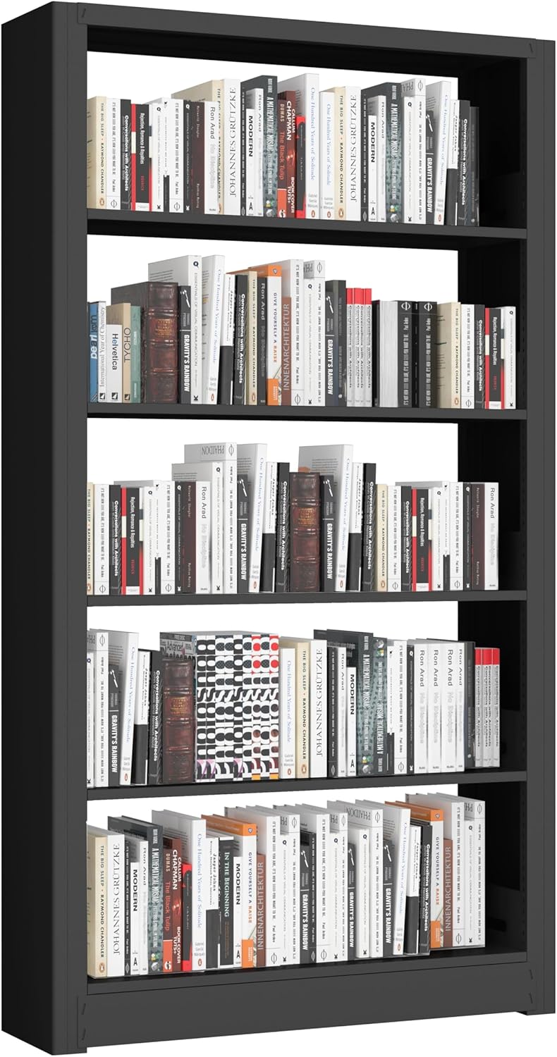 Large Metal Bookcase, 69” Modular Bookshelf with Storage, 5 Tier Bookcase with Adjustable Shelves, Extra Tall Book Shelves, Modern Book Case for Library, Office, Entryway, Living Room（Black）