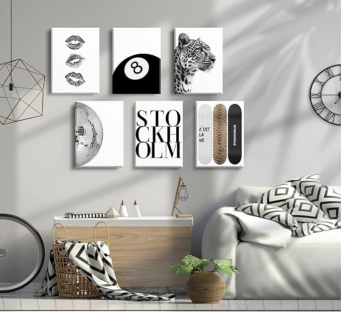 Fashion Trendy Leopard Wall Art Set of 6 Stockholm Preppy Room Painting Picture Wall Decor Black White Aesthetic Cheetah Poster Print Artwork for Girls Bedroom Dorm Apartment Home Decoration