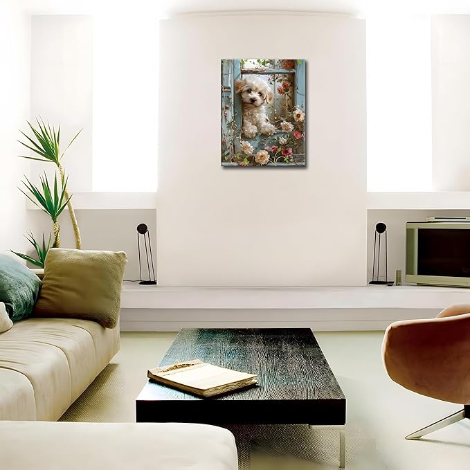 Framed Poodle Canvas Wall Art, Funny Teddy Dog Poster Print, Abstract Dog Standing Among Flowers Painting Wall Decor for Dormitory Restroom Bedroom Kids Room Decor 16x24 inch