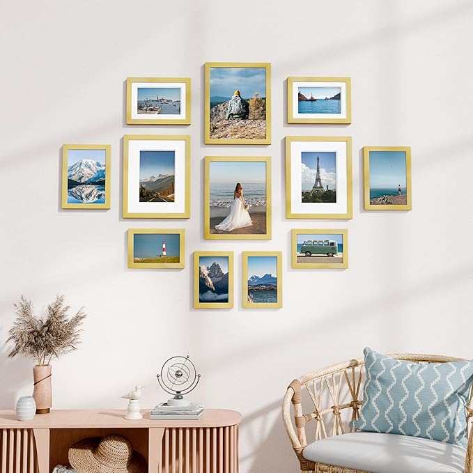 Vittanly 12 Pack Picture Frames Collage Wall Decor for Mounting or Tabletop Display, Gallery Wall Frame Set for Family, Multi Sizes Including 4pcs 8x10, 4pcs 5x7, 4pcs 4x6, Gold