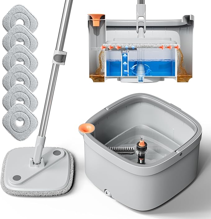 Upgraded Spin Mop and Bucket System Set, Self Separate Clean and Dirty Water, Foldable Square Standing Mop Head with Microfiber Mop Pads, Detachable Bucket (Grey, Mop Set with 6PC Pad)