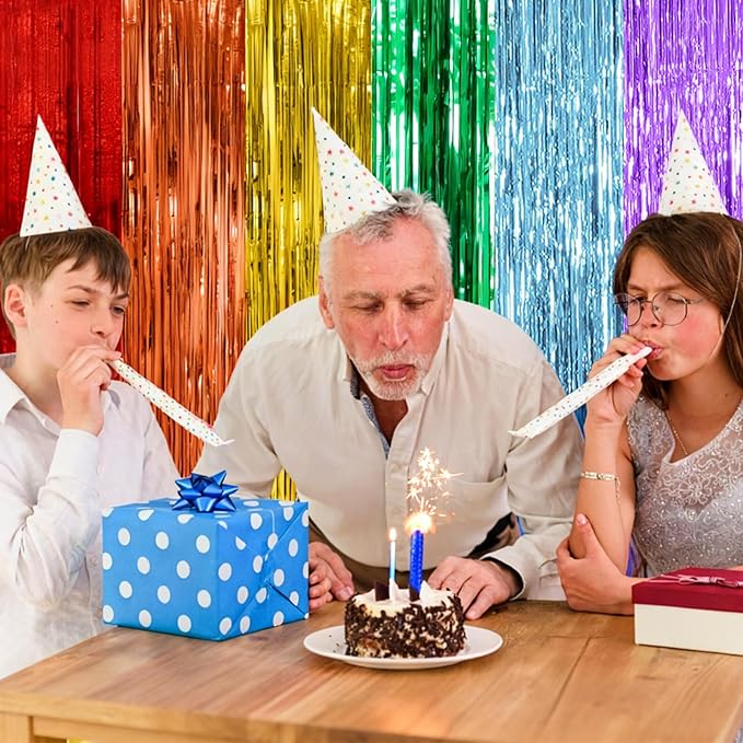 5 Pack Rainbow Party Backdrop Streamers Decorations Colorful Foil Fringe Curtains Metallic Tinsel Backdrop for Birthday First Day of School Engagement Baby Shower Christmas Holiday Party Decor