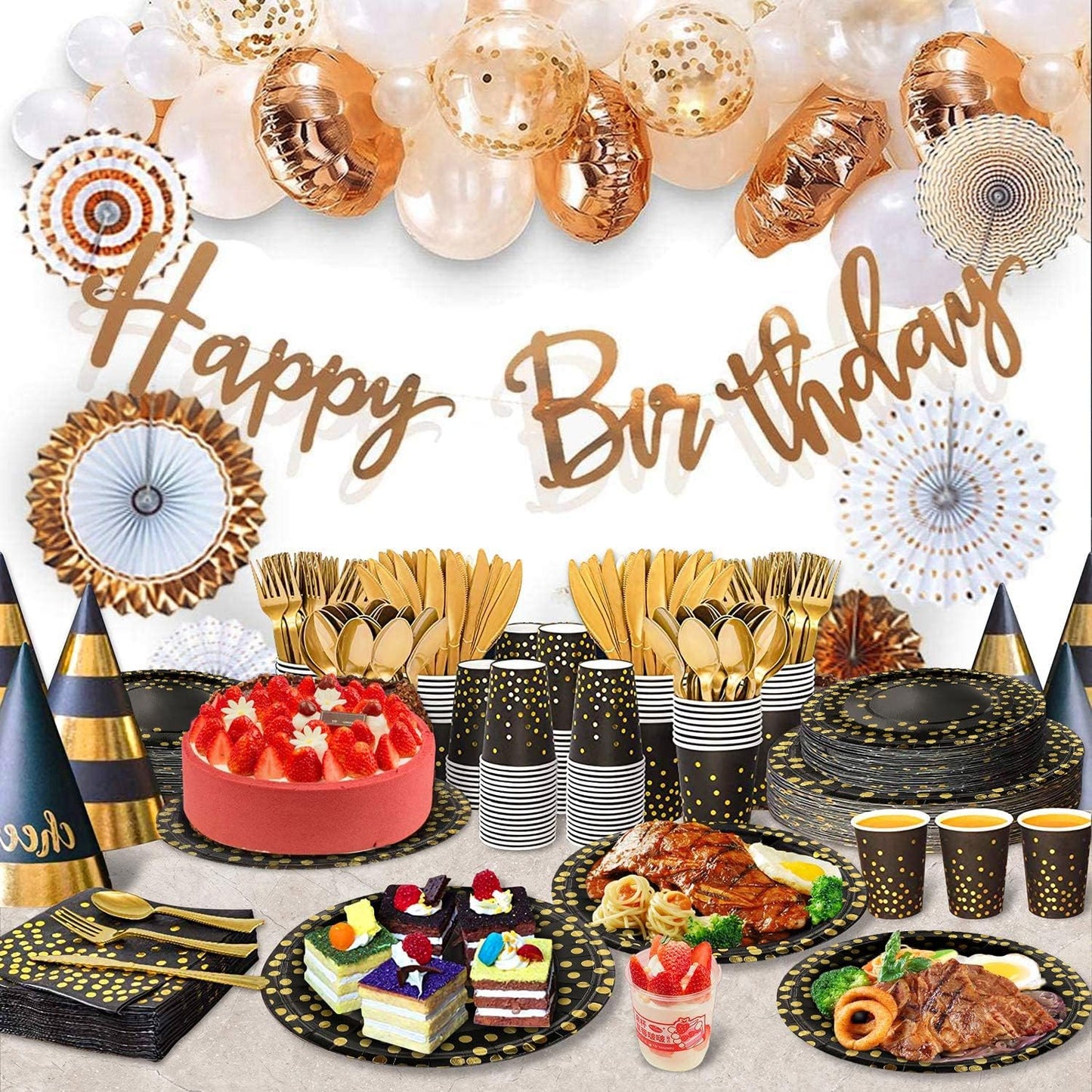 AIRE 350PCS Black and Gold Paper Plates Party Supplies for 50 Guests Party Decorations Disposable Dinnerware Golden Dot Paper Plates Napkins Cups Gold Plastic Forks Knives Spoons for Birthday Wedding