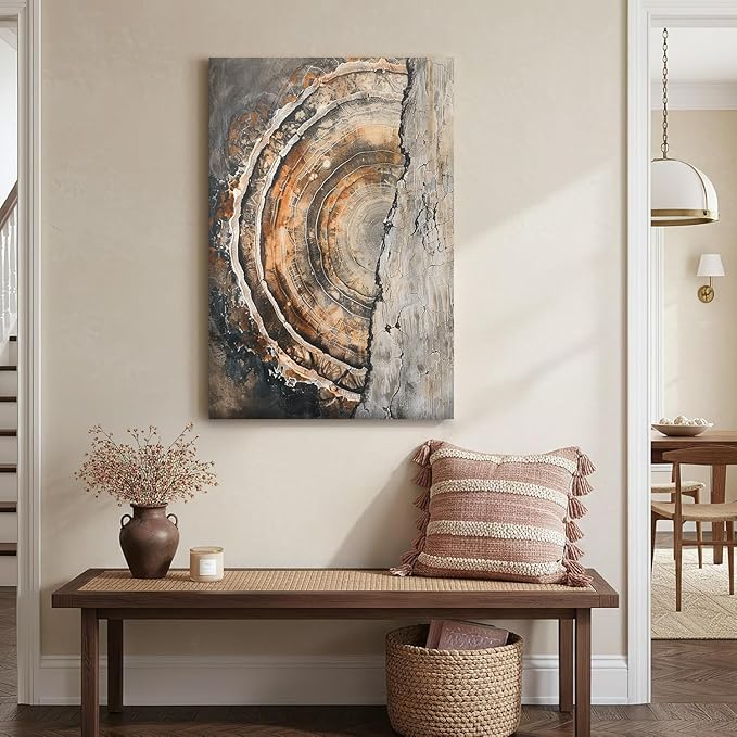 IBHJSART Framed Tree Ring Canvas Wall Art Vintage Colorful Wood Stump Painting Prints Modern Minimalist Pictures Neutral Nature Rustic Farmhouse Decor Living Room Bedroom Bathroom Office