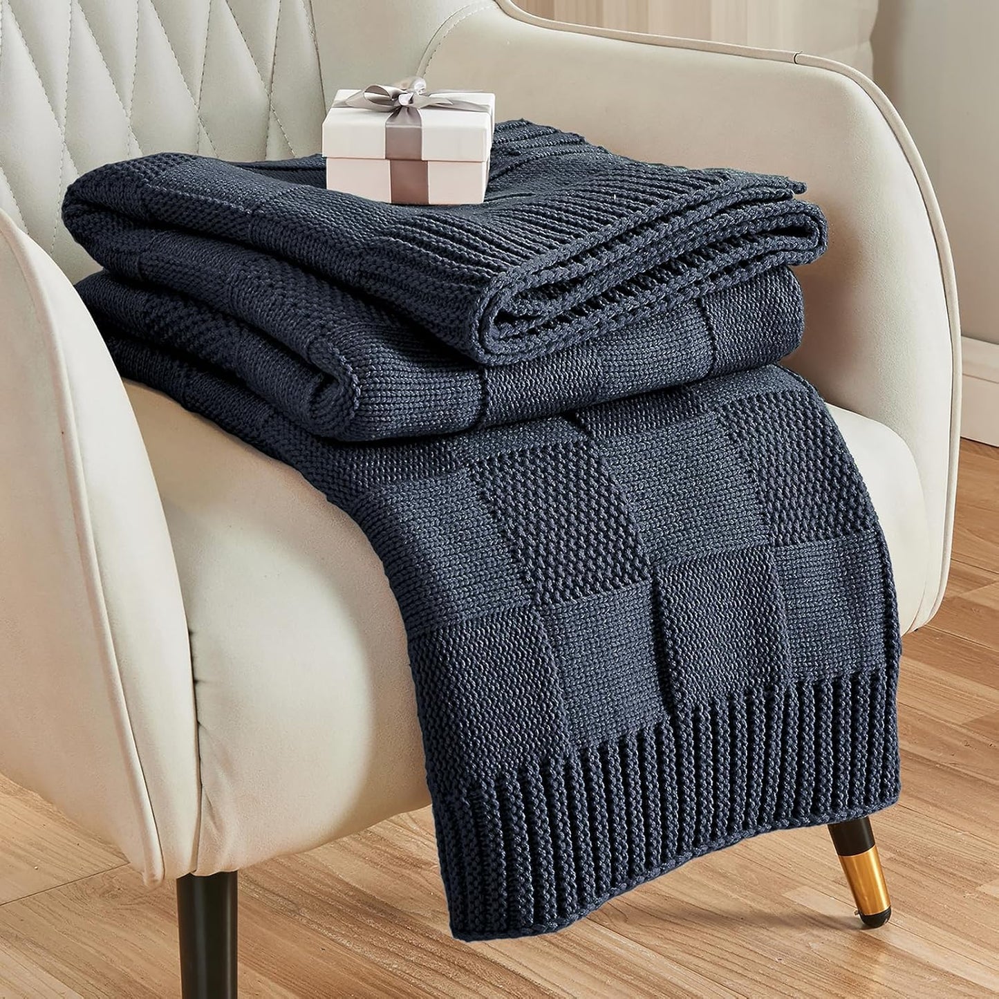CozeCube Check Knit Throw Blanket, Midnight Navy Checkered Throw for Couch, Decorative Christmas Soft Cozy Warm Knitted Blanket for Bed Sofa Living Room, 60"X80"
