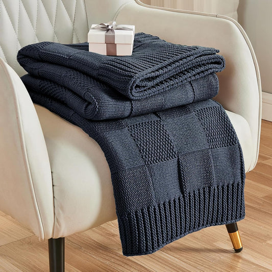 CozeCube Check Knit Throw Blanket, Midnight Navy Checkered Throw for Couch, Decorative Christmas Soft Cozy Warm Knitted Blanket for Bed Sofa Living Room, 60"X80"