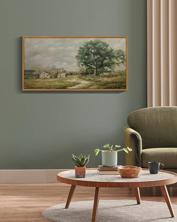 SHENIFY 20x40in Extra Large Vintage Framed Wall Art Rustic Country Road Landscape Painting Retro Countryside Scenery Farmhouse Bedroom Above of Bed Living Room Decor - Natural Framed