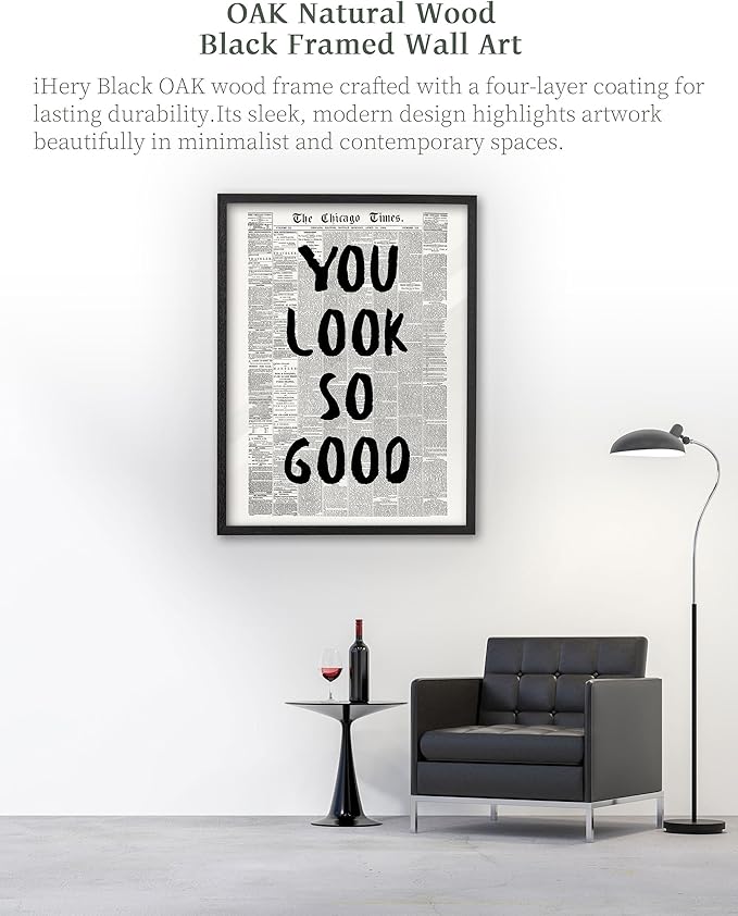 iHery Premium Natural Black OAK Wood 16x20in You Look So Good Trendy Inspirational Framed Wall Art, Vintage Girl Newspaper Motivational Canvas Wall Decor For Dorm Bedroom Living Room Posters 1Pack