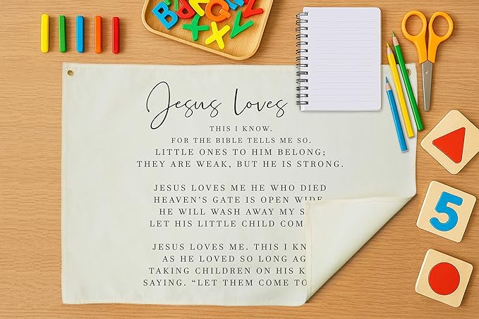 Rectangular Christian Bible Verse Scripture Canvas Banner Wall Decor-Flag Sign for Baby Boy Girl Kids, Nursery Bedroom Playroom Nursery Decor,Baby Shower Christmas Gift-Jesus Loves Me This I Know