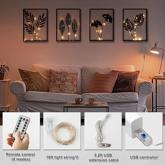 QXSXKJ Black Metal Wall Decor Framed, 3d Modern Metal Wall Art with Light, Minimalist Abstract Black Line Art DéCor, 4 Piece Home Art for Living Room Bedroom Bathroom