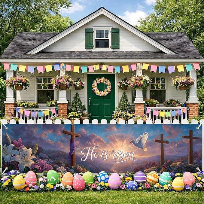 He Is Risen Easter Banner Christian Resurrection Spring Decor 78 x 17 Inch Religious Cross Scene Banner for Church Yard Fence Door Wall Indoor Outdoor Easter Faith Celebration Display