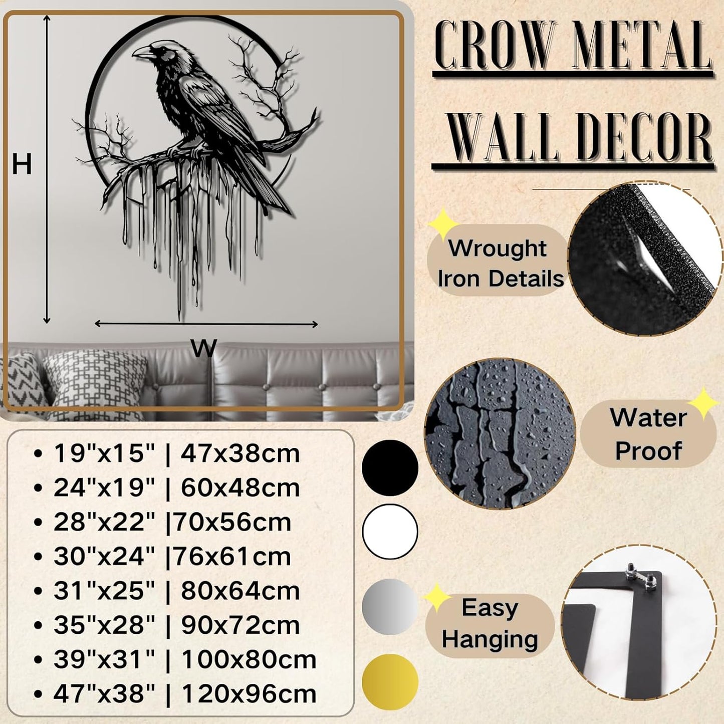 Crow Metal Wall Decor, Raven Wall Art, Large Gothic Raven Decor Hangings, Bird Wall Decor, Metal Tree Branch Decor, Ravens Sign, Raven Art for Living Room (White, 24"x19" | 60x48cm, metal wall art)