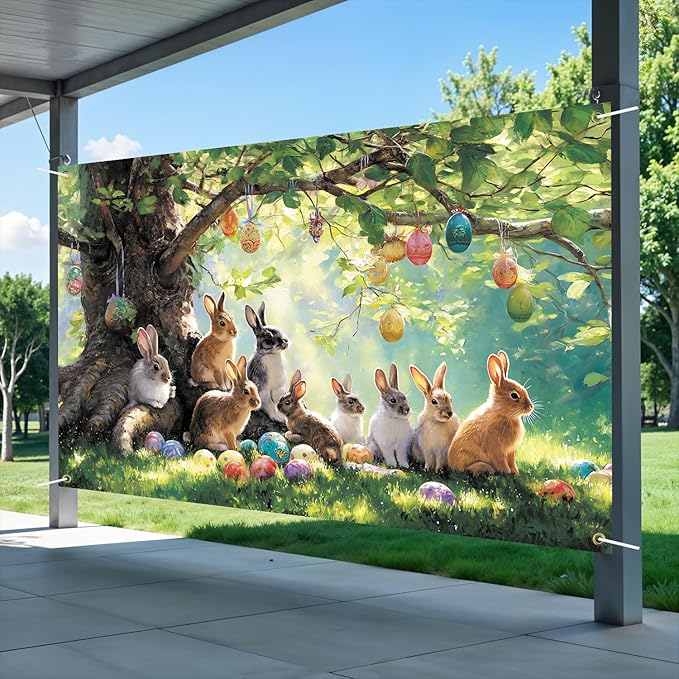 Happy Easter Backdrop 71" X 43" Large Happy Easter Day Banner Rabbit Party Decorations Bunny Photography Background