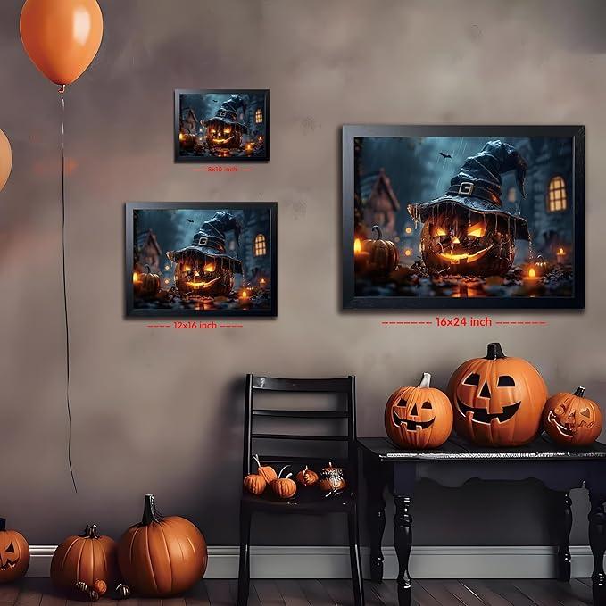 Wood Framed Dark Halloween Pumpkin Wall Art, Gothic Witch Hat Jack-o'-Lantern Canvas Print, Dark Academia Spooky Haunted House Poster Wall Art for Living Room Bedroom Room Aesthetics 16x24 inch