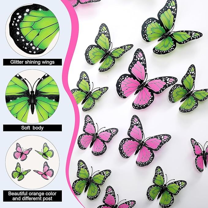 Chuangdi 48 Pcs Pink Monarch Butterfly Decorations 3 Size Fake Butterflies Realistic Butterfly Craft Artificial Mariposas Wall Decor for Craft Wedding Home Birthday Party (Green,3.2inch,4inch,4.7inch)