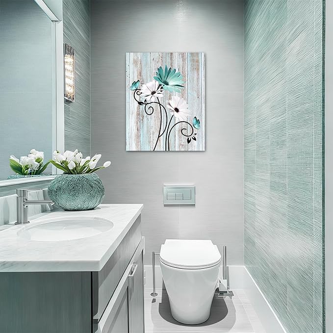 HVEST Teal Daisy Wall Art for Bathroom Aesthetic Flower and Butterfly Rustic Farmhouse Decor Turquoise and Teal Wall Art for Living Room Bedroom Kitchen Decor Ready to Hang, 20Lx16W Inches