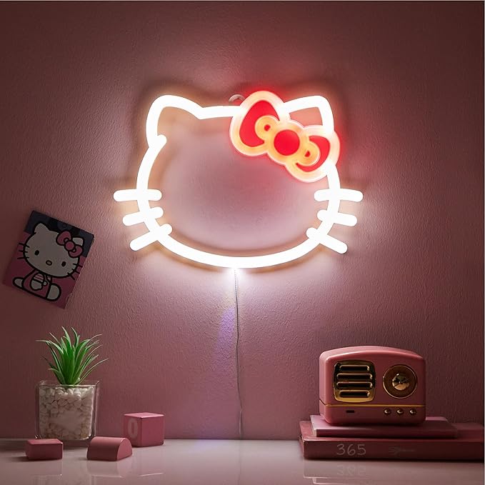 Hello Kitty LED Neon Wall Light,Figural Light-Up Wall Hanging Décor,Battery Operated,10" W x 7" H,Cute Night Light for Kids Bedrooms