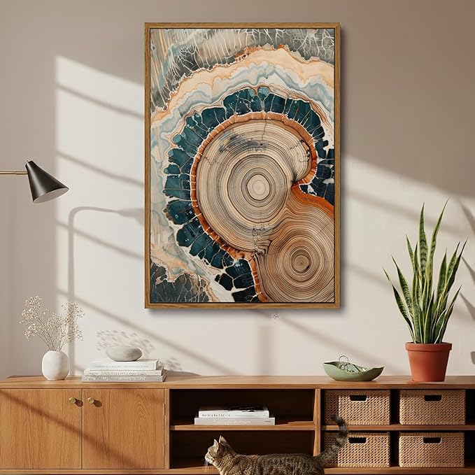 IBHJSART Framed Tree Ring Canvas Wall Art Vintage Colorful Wood Stump Painting Prints Modern Minimalist Pictures Neutral Nature Rustic Farmhouse Decor Living Room Bedroom Bathroom Office