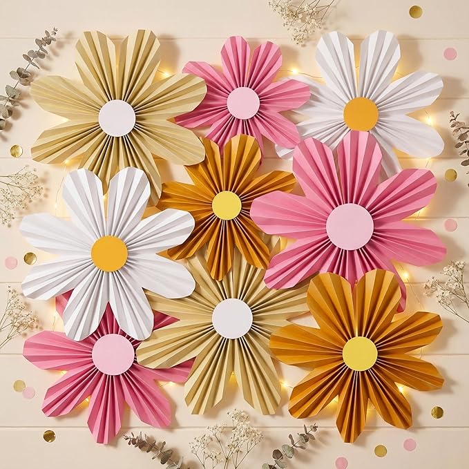 Containlol 12 Pcs Paper Flowers Decorations for Wall Sunflower Daisy Paper Fans Classroom Decoration 3D Floral Hanging Fans for Birthday Wedding Baby Shower Spring Decor(Multicolour,Hippie)