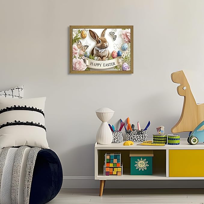 Framed Easter Bunny Wall Art, Vintage Holiday Decor Oil Painting, Rustic Farmhouse Spring Animal Wall Decor, Cute Rabbit Easter Eggs Canvas Print Paintings for Living Room Bedroom Nursery 16x24 Inch
