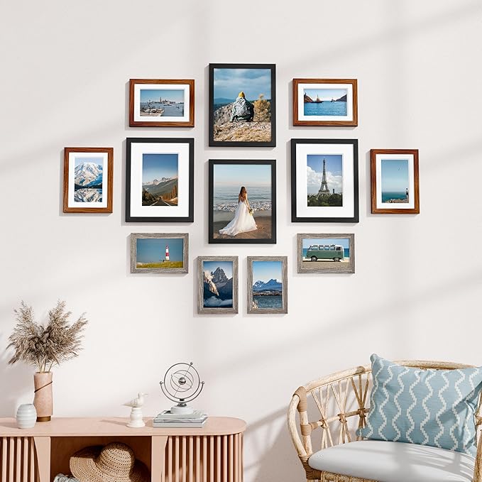 Vittanly 12 Pack Picture Frames Collage Wall Decor for Mounting or Tabletop, Gallery Wall Frame Set for Family, Multi Sizes Including 8x10, 5x7, 4x6, Black & Walnut Brown & Dark Grey
