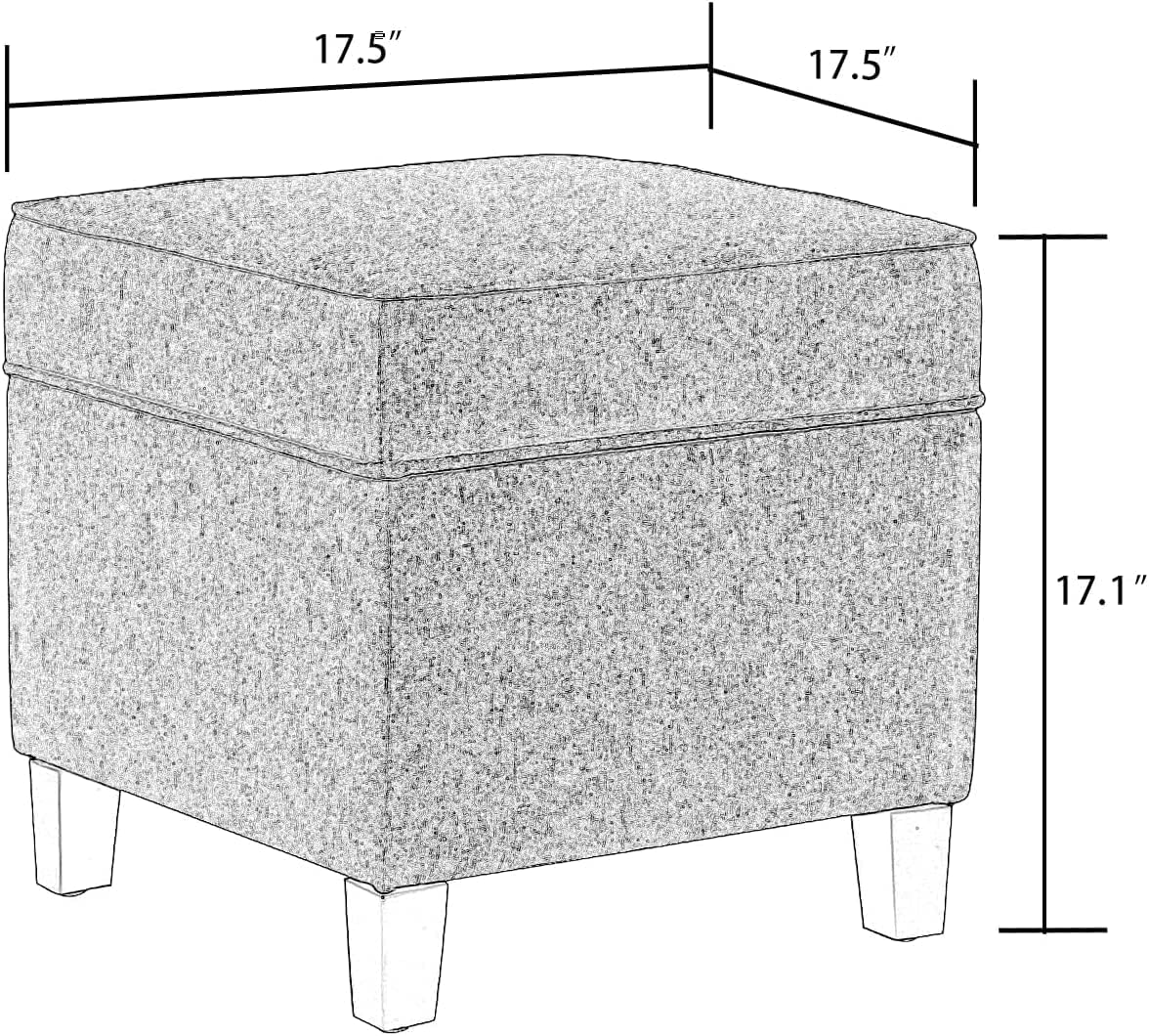 Adeco 17" Square Ottoman with Storage, Small Blue Storage Ottoman Foot Rest with Hinged Lid & Solid Wood Legs, Linen Fabric Foot Stool for Living Room & Bedroom