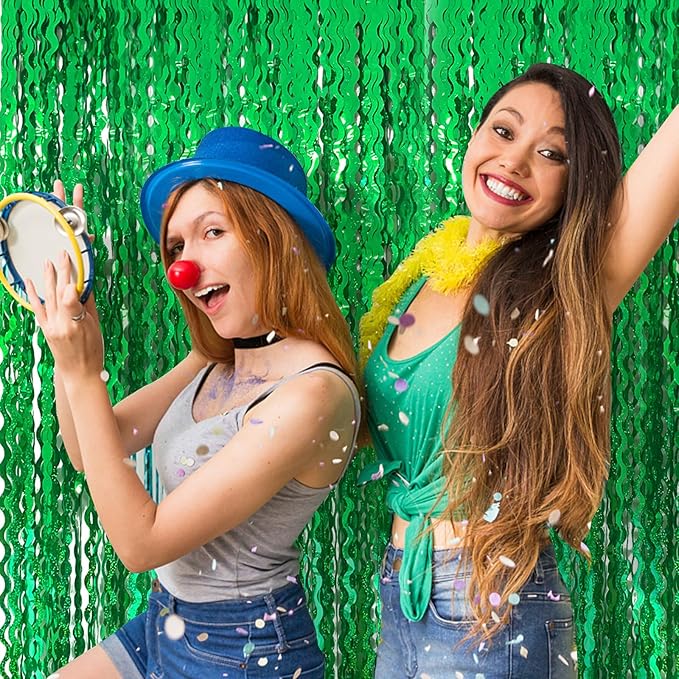 Green Tinsel Foil Fringe Curtains Wavy Backdrop for Party Sparkle Metallic Wavy Streamers Photo Booth Props for Birthday Dinosaur Animal St Patrick's Day Football Christmas Party Decorations
