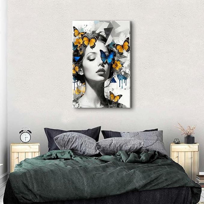Abstract Butterfly Wall Art Feminine Portrait Paintings Pictures for Bathroom Wall Decor Black and White Woman Canvas Prints Modern Aesthetics Artwork for Living Room Bedroom Home Decorations 32X48''