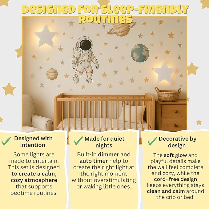 Star Wall Lights 2 Pack – Dimmable & Rechargeable for Kids & Baby Room Decor – Made for Bedtime Routines (Moon & Star Decals Included)