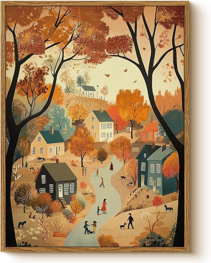 WHASAYART Autumn Cozy Village Landscape Scene 12x16 Framed Canvas Print, Rustic Fall Country Trees Wall Art with Warm Colors, Thanksgiving House Office Entryway Seasonal Decor