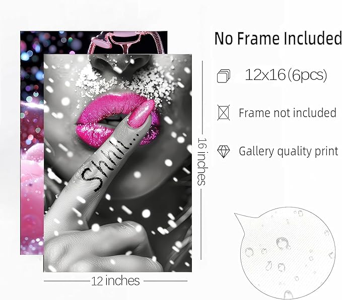 6Pcs Fashion Bathroom Canvas Wall Art Black and Pink Glam Glitter Tissue Funny Modern Women Painting Pictures Wall Decor Poster Print Artwork for Toilet Home Decoration Unframed